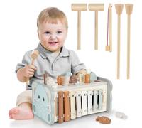 DINORUN Montessori Toys for 1 Year Old Boy Girls, Wooden Hammering Pounding Toy with Xylophone Magnetic Fishing Game for Kids, Gifts for 1 2 3 Year Old Boy Girl