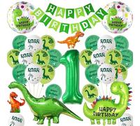 Dinosaur 1st Birthday Balloons for Boys - Green Happy Birthday Banner and Dino Themed Latex Balloon, Giant Dinosaur Number 1 Foil Balloons for 1 Year Old Jungle Party Decorations
