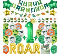 Dinosaur 1st Birthday Decorations for Boys - Green Dino Themed Happy Birthday Banner Garland, Roar and Giant Number 1 Foil Balloons Cake Toppers for Kids 1 Year Old Dinosaurs Jungle Party Supplies