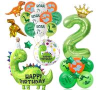 Dinosaur 2nd Birthday Balloons Decorations - Green Large Dino and Numbe 2 Foil Balloon, Mini Stars Crown Dinasour Balloons for Kids 2 Years Old Dinosaurs Jungle Party