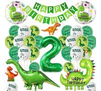 Dinosaur 2nd Birthday Balloons for Boys - Green Happy Birthday Banner and Dino Themed Latex Balloon, Giant Dinosaur Number 2 Foil Balloons for 2 Years Old Jungle Party Decorations