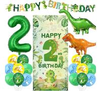 Dinosaur 2nd Birthday Decorations Boy - 22 Pcs Green Happy Birthday Banners Happy 2nd Birthday Banner Background Dinosaur Balloons Number 2 Balloon Dinosaur Balloon Set for Animal Jungle Themed Party