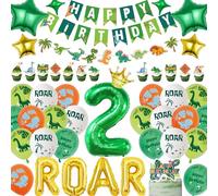 Dinosaur 2nd Birthday Decorations for Boys - Green Dino Themed Happy Birthday Banner Garland, Roar and Giant Number 2 Foil Balloons Cake Toppers for Kids 2 Years Old Dinosaurs Jungle Party Supplies