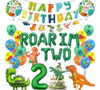 Dinosaur 2nd Birthday Party Decorations - 35 Pcs Dino Two Decoration Including Green ROAR IM TWO Letter Balloons Number 2 Foil Balloon Happy Birthday Banner For Jungle Themed Party Supplies Boys
