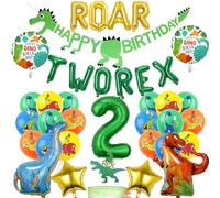 Dinosaur 2nd Birthday Party Decorations - 37Pcs Dinosaur Balloon Set ROAR TWO REX Letter Balloons Number 2 Foil Balloon Cake Topper for Boys Animal Themed Birthday Decoration