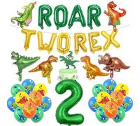 Dinosaur 2nd Birthday Party Decorations - 38 Pcs Dinosaur Balloon Set Roar Two Rex Letter Balloons Number 2 Foil Balloon Cake Topper Jungle Decoration For 2 Years Old Boys Animal Themed Birthday