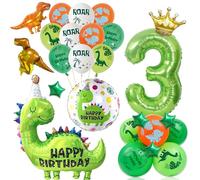 Dinosaur 3rd Birthday Balloons Decorations - Green Large Dino and Numbe 3 Foil Balloon, Mini Stars Crown Dinasour Balloons for Kids 3 Years Old Dinosaurs Jungle Party