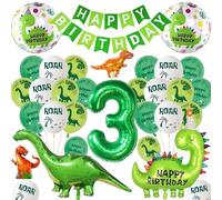Dinosaur 3rd Birthday Balloons for Boys - Green Happy Birthday Banner and Dino Themed Latex Balloon, Giant Dinosaur Number 3 Foil Balloons for 3 Years Old Jungle Party Decorations