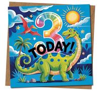 Dinosaur 3rd Birthday Card for Kids - '3 Today' Bright Colourful Design, Cute Sauropod & Pterodactyl, Square 145mm x 145mm - Fun Children's Age 3 Card for Boy or Girl, Includes Kraft Envelope