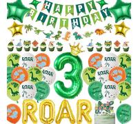 Dinosaur 3rd Birthday Decorations for Boys - Green Dino Themed Happy Birthday Banner Garland, Roar and Giant Number 3 Foil Balloons Cake Toppers for Kids 3 Years Old Dinosaurs Jungle Party Supplies
