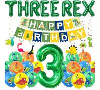 Dinosaur 3rd Birthday Decorations for Boys - Green Themed Three Rex and Number Foil Balloons, Dino Happy Birthday Banner Dinasour Hanging Swirls Decor for Kids 3 Years Old Jungle Party Supplie