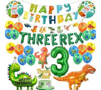 Dinosaur 3rd Birthday Decorations, Three Rex Party Decoration for Kids Boys, Dino Rex Foil Balloons Three REX Cake Toppers Happy Birthday Banner Dinosaur Themed Party Supplies