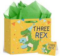 Dinosaur 3rd Birthday Gift Bag for Boys Three Rex Birthday Gift Bag Dinosaur Party Decorations Dinosaur Wrapping Paper Bag with Tissue Paper Greeting Card