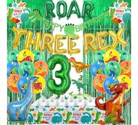 Dinosaur 3rd Birthday Party Decorations - 52Pcs Dinosaur Balloon Set ROAR THREE REX Letter Balloons Rain Curtain Tablecloth Cupcake Cake Toppers for Boys Animal Themed Birthday Decoration