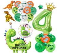 Dinosaur 4th Birthday Balloons Decorations - Green Large Dino and Numbe 4 Foil Balloon, Mini Stars Crown Dinasour Balloons for Kids 4 Years Old Dinosaurs Jungle Party