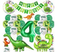 Dinosaur 4th Birthday Balloons for Boys - Green Happy Birthday Banner and Dino Themed Latex Balloon, Giant Dinosaur Number 4 Foil Balloons for 4 Years Old Jungle Party Decorations