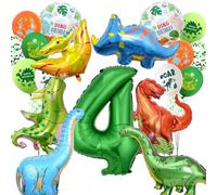 Dinosaur 4th Birthday Decorations Balloons - Dino Party Supplies Set with Green Letter Giant Number Foil Balloon, Jungle Theme Latex Balloons for 4 Years Old Kids Birthday Party