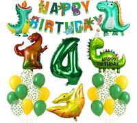 Dinosaur 4th Birthday Decorations Boys Dino Party Supplies Set Jungle Theme Happy Birthday Banner Number 4 Foil Balloon T Rex Dino Figure Pteranodon Stegosaurus Balloons Green Photo Backdrop