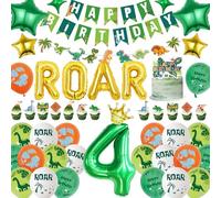 Dinosaur 4th Birthday Decorations for Boys - Green Dino Themed Happy Birthday Banner Garland, Roar and Giant Number 4 Foil Balloons Cake Toppers for Kids 4 Years Old Dinosaurs Jungle Party Supplies