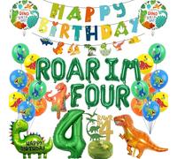 Dinosaur 4th Birthday Party Decorations - 36 Pcs Dino Four Decoration Including Green ROAR IM FOUR Letter Balloons Number 4 Foil Balloon Happy Birthday Banner For Jungle Themed Party Supplies Boys