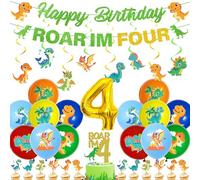 Dinosaur 4th Birthday Party Decorations - 36 Pcs Dino Set Including Roar Im Four Banner, Dinosaur Hanging Swirls, Number 4 Foil Balloon and Latex Balloons for Boys Animal Themed Birthday Decor