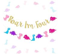 Dinosaur 4th Birthday Party Decorations Girl - Roar I'm 4 Banner and Dinosaur Garlands, Pink Dinosaur Birthday Decorations, Jungle Safari Dinosaur 4th Four Ever Wild Birthday Party Decorations