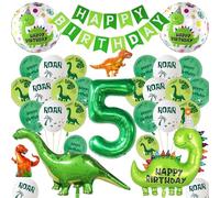 Dinosaur 5th Birthday Balloons for Boys - Green Happy Birthday Banner and Dino Themed Latex Balloon, Giant Dinosaur Number 5 Foil Balloons for 5 Years Old Jungle Party Decorations