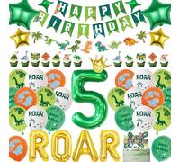 Dinosaur 5th Birthday Decorations for Boys - Green Dino Themed Happy Birthday Banner Garland, Roar and Giant Number 5 Foil Balloons Cake Toppers for Kids 5 Years Old Dinosaurs Jungle Party Supplies