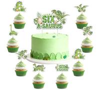 Dinosaur 6th Birthday Decorations for Boys 25pcs Green Six A Saurus Cake Toppers Set Jungle Sixth Birthday Cake Decors Safari Long Neck Dinosaur Six Years Old Bday Party Supplies