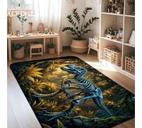 Dinosaur Area Rug, Adventure Nature Skeleton Ferns Summer Green Low Pile Sponge Edge Binding Home Rectangle Carpet Rugs for Living Room Bedroom Hallway Desk Office Decor 4' X 6'