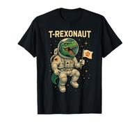 Dinosaur Astronaut Holding Flag in Outer Space Scene T-Shirt