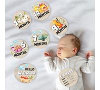 Dinosaur Baby Monthly Milestone Circles, Baby Months Wooden Disc Stuff for Baby Photo Takens with Hello World Name Signs - 7Pcs Double Sides Round Circles Signs for Documenting Growth