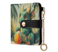 Dinosaur Ball Leaves Green Print Small Women Wallet PU Leather RFID Blocking Bifold Compact Card Holder with Coin Pocket Zipper Purse for Ladies Girls Women