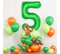 Dinosaur Balloons 5th Birthday Decorations for Boy, Dinosaur Birthday Party Decorations with Foil Dark Green 5, Green Orange Balloons with Mini Dinosaurs Balloon for Kid Dino Themed Baby Shower