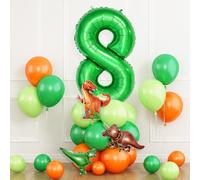 Dinosaur Balloons 8th Birthday Decorations for Boy, Dinosaur Birthday Party Decorations with Foil Dark Green 8, Green Orange Balloons with Mini Dinosaurs Balloon for Kid Dino Themed Baby Shower