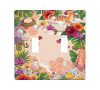 Dinosaur Bathroom Double Light Switch Cover Plate, Tropical Playful Shell Flower Summer Green Plastic Standard Size Switch Plate Decorative for Home Living Room Bedroom Apartment Decor