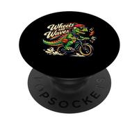 Dinosaur Bike Cycling Rider Wheels Waves Retro Cartoon Skat PopSockets Adhesive PopGrip