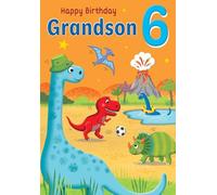 Dinosaur Birthday Card for 6 Year Old Grandson, Colourful Prehistoric Design