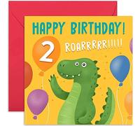 Dinosaur Birthday Card for Boy or Girl - 2nd Children Birthday Card - T Rex Second Birthday Card - Age Two - Birthday Card for Son, Daughter, Niece, Nephew, Grandchild | Blank Inside Envelope