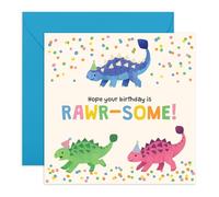 Dinosaur Birthday Card - 'Rawr-some!' - Colourful Dinosaurs & Confetti - Fun Greeting for Kids, Boys, Girls, Niece, Nephew, Son, Grandson, Dino Fans - Includes Fun Stickers