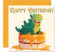 Dinosaur Birthday Cards - Animal Cake - Happy Birthday Card for Son Daughter Brother Sister Grandson Granddaughter Niece Nephew Cousin, 145mm x 145mm Bday Greeting Cards