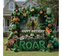 Dinosaur Birthday Decorations with Hunter Green Brown balloon arch & small T-Rex Foil balloons & backdrop Sign & Artificial Palm Leaves for Boys Jungle Safari Dino ROAR Party Supplies (Green Brown)