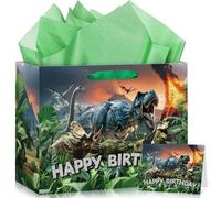 Dinosaur Birthday Gift Bag,Magic Dino Wrapping Paper Bag with Handle Dinosaur Party Gift Bag with Tissue Paper and Card for Boys Kids Jungle Dinosaur World Birthday Party Supplies