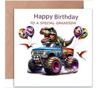Dinosaur Birthday Greeting Card for Grandson, Folded Card with “Happy Birthday to a Special Grandson” Cover, T-Rex on Bus Illustration, Birthday Card for Boys Kids, Dinosaur Card Comes with Kraft Enve