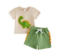 Dinosaur Birthday Outfit 2 Years Dinosaur Cake Smash 1st Baby Boy 3 Years Age 3 i am Two i am One Year Old My First Birthday Gifts 2nd Short Sleeve T-Shirt Short Clothes Set (Khaki, 18-24 Months)