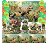 Dinosaur Birthday Party Decorations, Dinosaur Party Supplies, Including Happy Birthday Banner, Cupcake Toppers, Balloons, Tablecloth, Plate, Tablewares for Kids, Boys, Girls, Serves 20 (Backdrop)