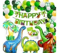 Dinosaur Birthday Party Decorations - Happy Banner and Balloon Set, Foil Balloon Arch Kit, Cake Toppers for Boys Girls, Jungle Safari Green Party Supplies
