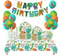 Dinosaur Birthday Party Tableware Set - 86 Pieces Birthday Party Supplies Happy Birthday Banners Dinosaur Tablecloths Dino Plates Cups Napkins Latex Balloon for Boys Girls Kids Birthday Decor