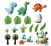 Dinosaur Cake Toppers, 16 Piece Green Prehistoric Decoration Set | Sixteen dinosaur cake decorations with figures, an egg, leaves, plants, trees and one scene piece