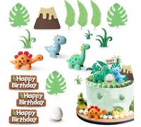 Dinosaur Cake Toppers Dinosaur Eggs Leaves Grasses Cake Decorations with Happy Birthday Sign Cake Toppers for Safari Animal Themed Birthday Party Supplies 18PCS